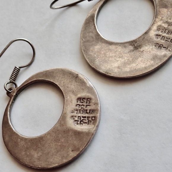 Vintage Mexico Alpaca Inlay Abalone Shell Signed Earrings Hoop Dangle Pierced - Picture 3 of 11